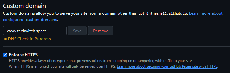 Screenshot of GitHub’s Custom domain configuration page, showing www.techwitch.space configured with a DNS Check in Progress, and the Enforce HTTPS box selected