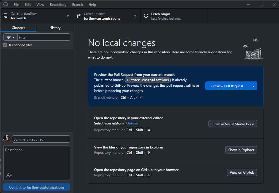 screenshot of showing a UI of GitHub Desktop, which includes: Current repository, Current branch, and Fetch origin, plus action buttons to edit or commit your code changes