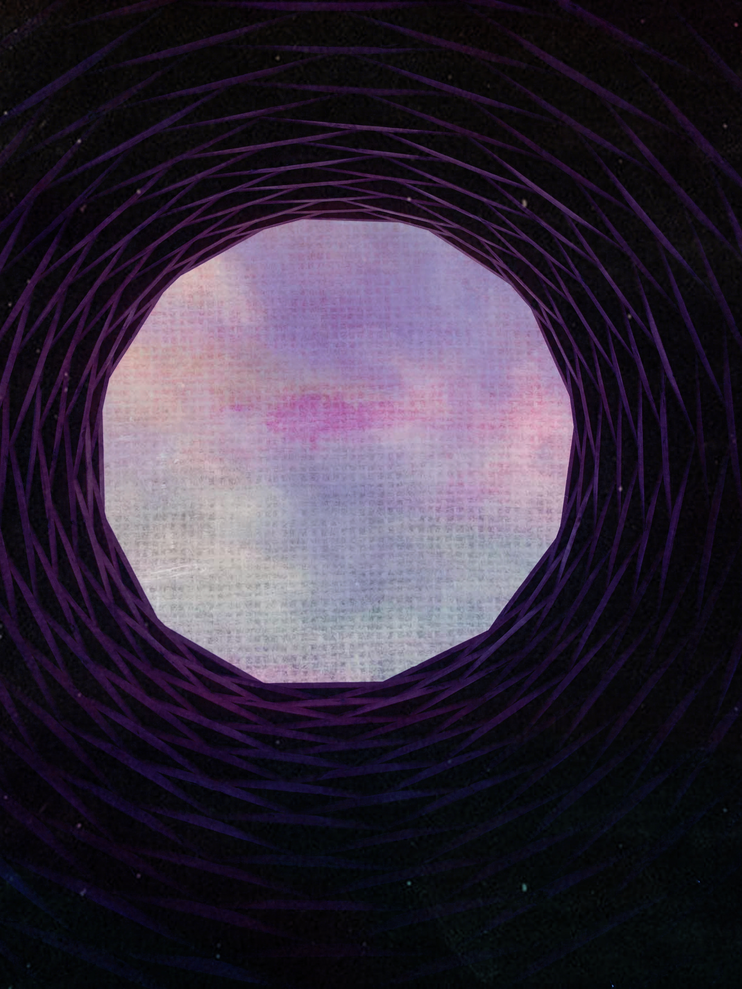 A wooden sculpture meticulously made from pine, to create a curvilinear (bounded by curved lines) contour. The photo is taken from inside the sculpture, looking up towards the sky. The photo has been modified to turn the light pine to a purple hue, and the skies look like they are painted with watercolours in muted blues, pinks and purples.