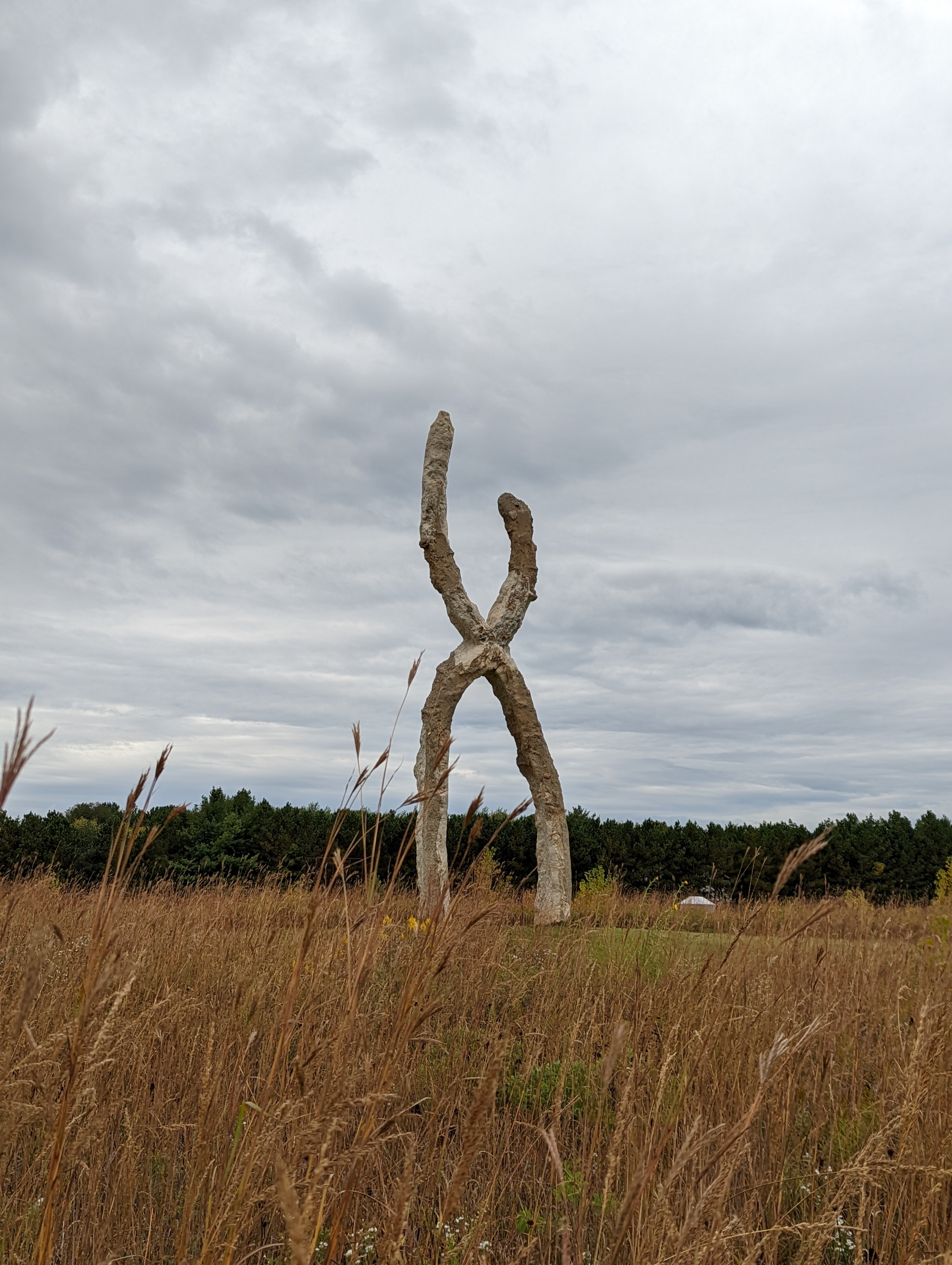 An enormously large concrete, steel and earthen sculpture in the shape of a large X. It stands tall over the prairie landscape and trees.